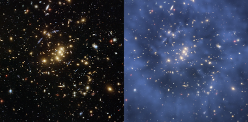 <span class="caption">Galaxy cluster, left, with ring of dark matter visible, right.</span> <span class="attribution"><span class="source">NASA</span></span>