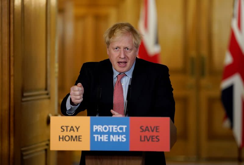 Britain's Prime Minister Boris Johnson speaks during his first remote news conference on the coronavirus disease (COVID-19) outbreak, in London