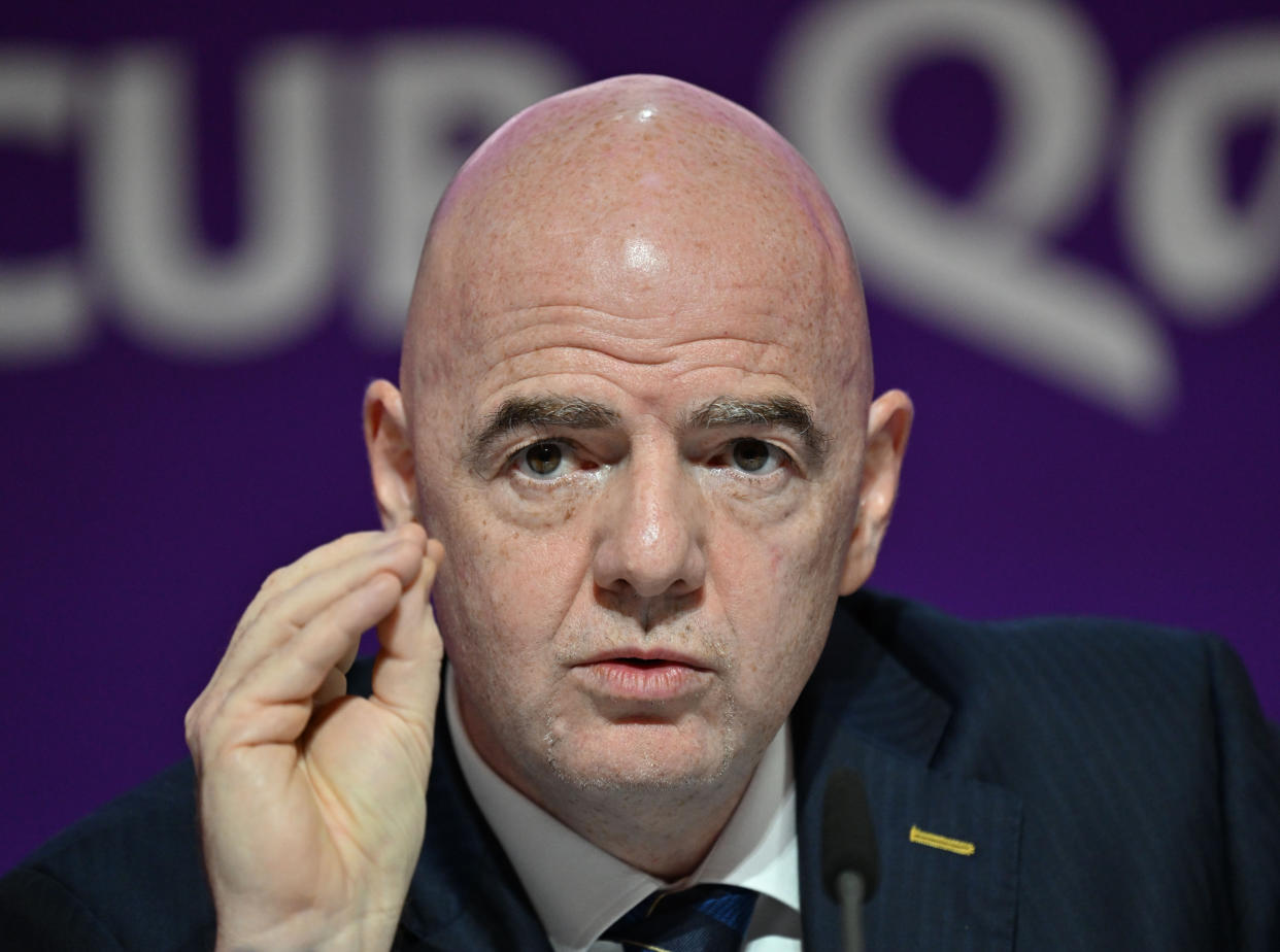 DOHA, QATAR - NOVEMBER 19: FIFA President Gianni Infantino speaks during a press conference ahead of opening match of the FIFA World Cup Qatar 2022 in Doha, Qatar on November 19, 2022. (Photo by Mustafa Yalcin/Anadolu Agency via Getty Images)