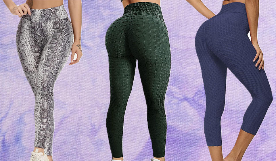 Snakeskin, green and purple leggings.