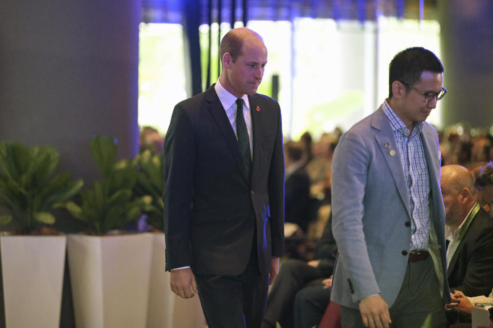 Britain's Prince William, left, arrives for the Earthshot+ Summit at Park Royal Pickering in Singapore Wednesday, Nov. 8, 2023. The Prince of Wales is on a four-day visit to Singapore, where he attended the Earthshot Prize 2023 that aims to reward innovative efforts to combat climate change. (Mohd Rasfan/Pool Photo via AP)