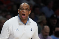 North Carolina head coach Hubert Davis works the bench in the first half of an NCAA college basketball game against Virginia during quarterfinals of the Atlantic Coast Conference men's tournament, Thursday, March 10, 2022, in New York. (AP Photo/John Minchillo)