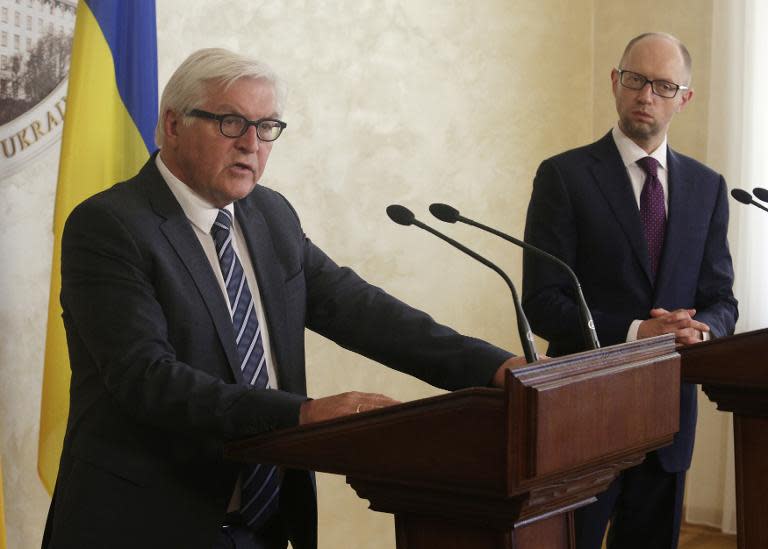 German Foreign Minister Frank-Walter Steinmeier (left) speaks during a joint press conference with Ukrainian Prime Minister Arseniy Yatsenyuk in Kiev, on May 29, 2015