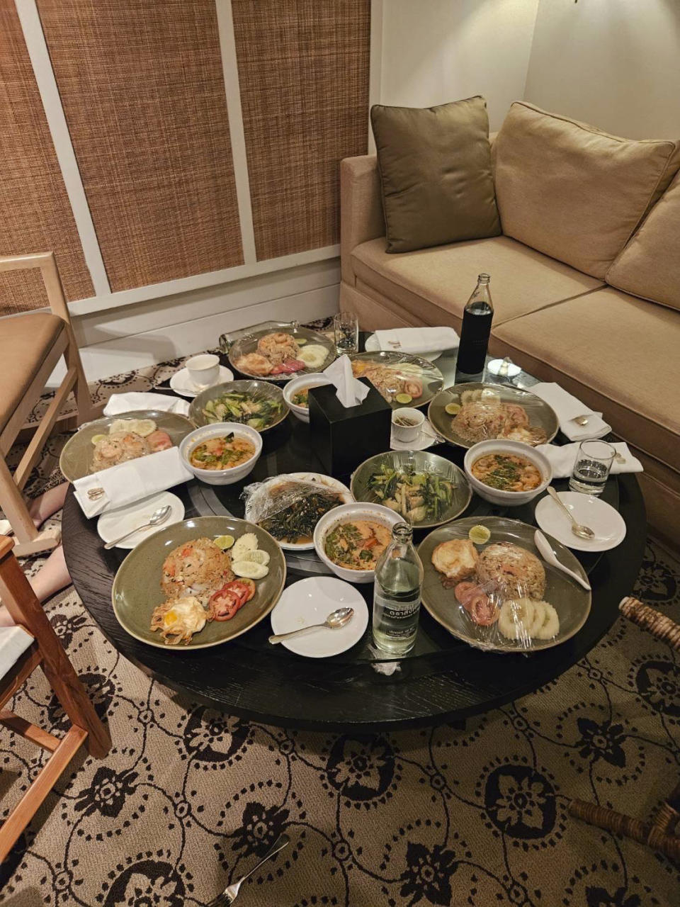 In this photo released by the Royal Thai Police, uneaten meals are left on a table in a room in the Grand Hyatt Erawan Hotel room where six people were found dead from unknown causes, Tuesday, July 16, 2024. Police said the dead in a rooms at Bangkok's Grand Hyatt Hotel were two Vietnamese Americans and four Vietnamese nationals, and speculated they might have died from some kind of poisoning. (Royal Thai Police via AP)