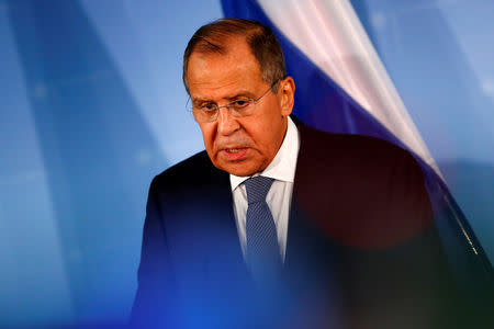 FILE PHOTO: Russian Foreign Minister Sergei Lavrov and German Foreign Minister Heiko Maas (not pictured) address a news conference at the foreign ministry in Berlin, Germany, September 14, 2018. REUTERS/Fabrizio Bensch