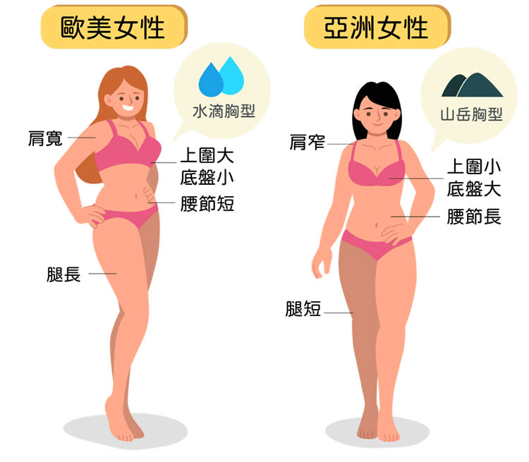 ▲東西方女性的身形比例不同，在隆乳植入物的選擇上也有所差異（圖/粹究美學診所提供）