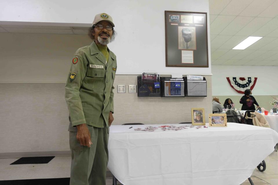 Clemon Whittaker shows off his military uniform during the Veteran's Banquet at the United Citizen's Forum in Amarillo.