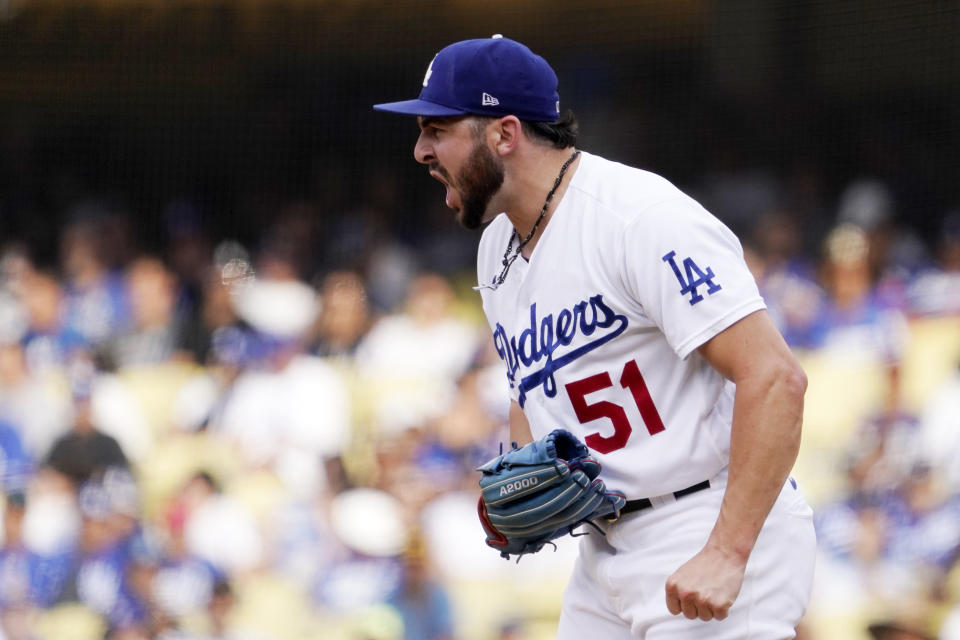 Los Angeles Dodgers relief pitcher Alex Vesia reacts as San Diego Padres' Austin Nola pops out to end the top of the fourth inning of a baseball game Sunday, Sept. 4, 2022, in Los Angeles. (AP Photo/Mark J. Terrill)