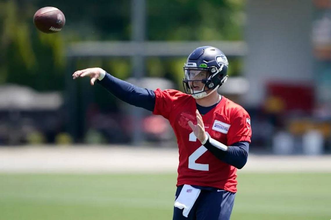Drew Lock throwing during Seahawks offseason practices May 23, 2022, at the Virginia Mason Atheltic Center in Renton.