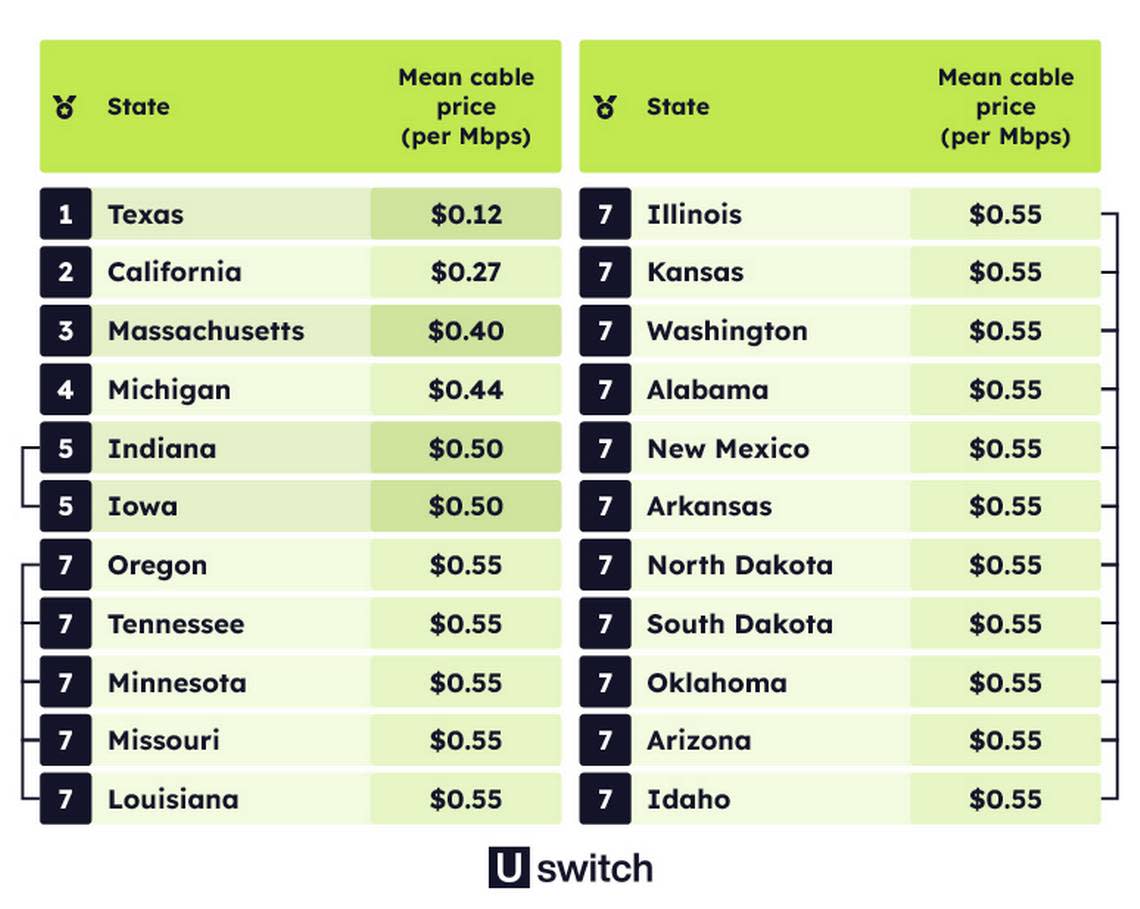 Idaho is tied with 15 other states for the cheapest cable internet for mean cost per megabit per second.