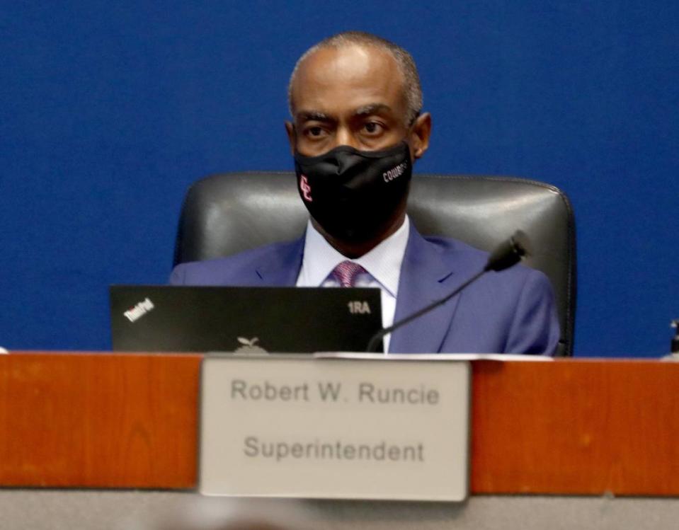 Broward Schools Superintendent Robert Runcie attends a meeting where a divided School Board approved a $754,900 exit package on Tuesday May 11, 2021, in Fort Lauderdale. Runcie’s last day is scheduled to be Aug. 10, although he is expected to stop serving as superintendent once an interim replacement is named.