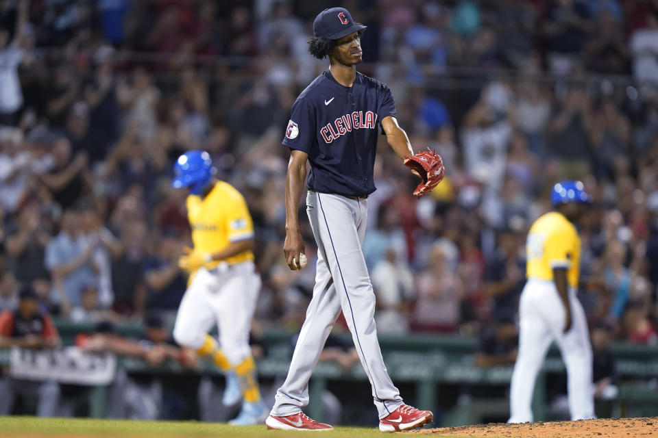 Cleveland Guardians pitcher Triston McKenzie waits as Boston Red Sox's Xander Bogaerts, left, runs the bases on a three-run home run during the sixth inning of a baseball game Thursday, July 28, 2022, in Boston. (AP Photo/Steven Senne)