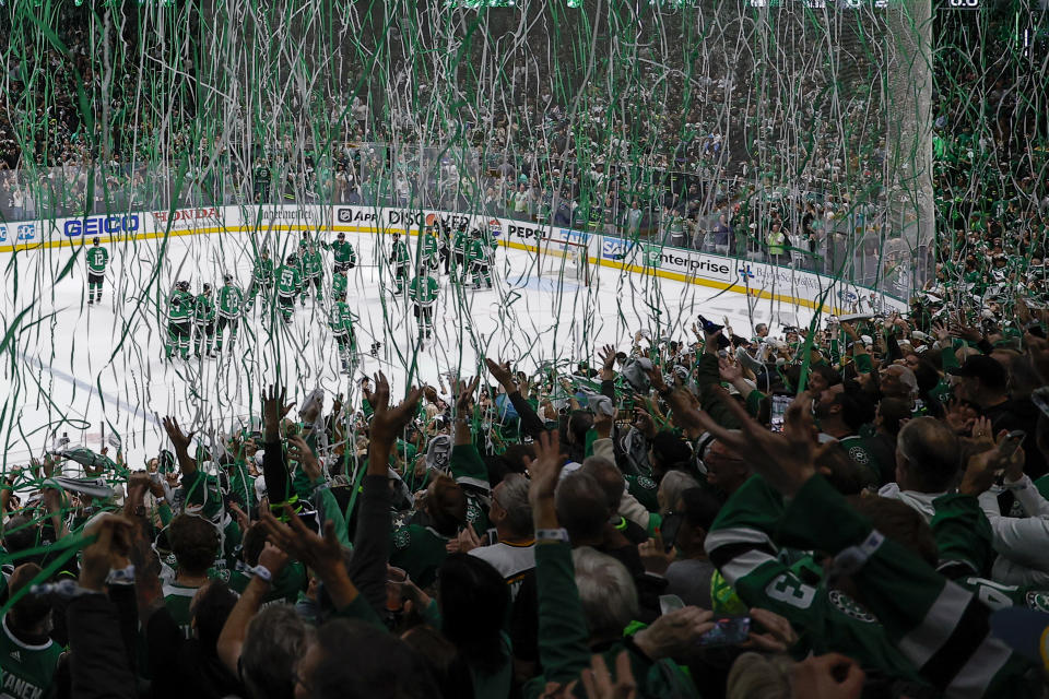 Streamers drop after the Dallas Stars defeated the Vegas Golden Knights 2-1 in Game 7 of an NHL hockey Stanley Cup first-round playoff series, Sunday, May 5, 2024, in Dallas. (AP Photo/Brandon Wade)