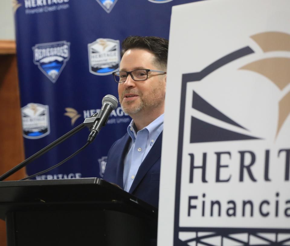 Michael Ciriello, president and CEO of Heritage Financial Credit Union speaks during a press conference on March 21, 2023. Dutchess Stadium has been renamed Heritage Financial Park. 