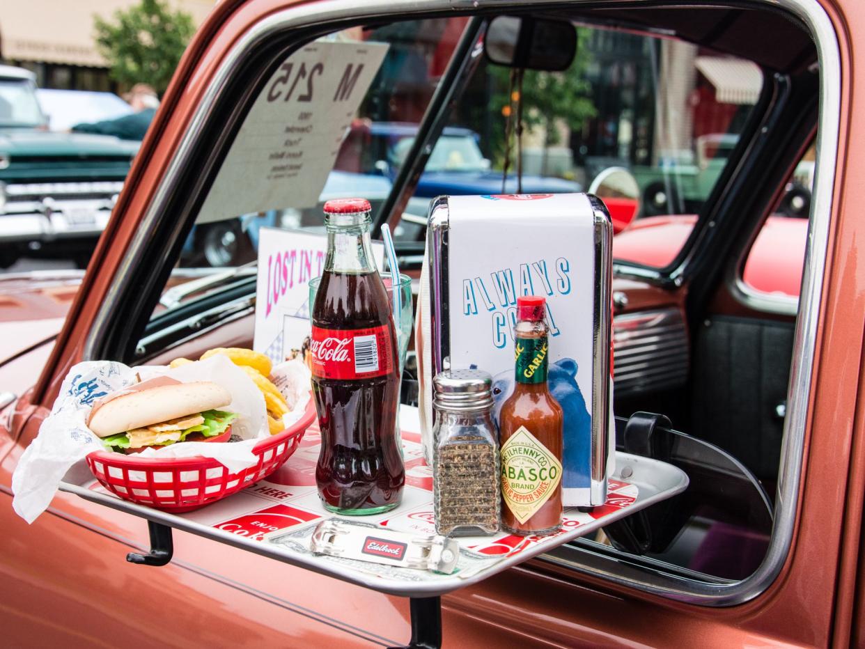 Drive-In food tray on a 1950 Chevy Pickup displayed at the Arroyo Valley Car Show in the village of Arroyo Grande, California