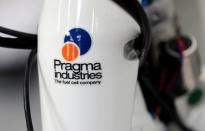 The Pragma industries logo is pictured on an Alpha bike, the first industrialised bicycle to use a hydrogen fuel cell in Biarritz, France, January 15, 2018. REUTERS/Regis Duvignau