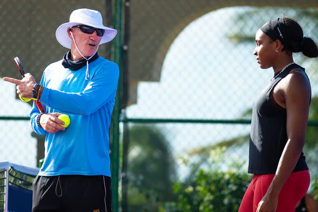 <p>Robert Prange/Getty</p> Brad Gilbert coaches Coco Gauff during a practice ahead of the GNP Seguros WTA Finals Cancun 2023 in October 2023.