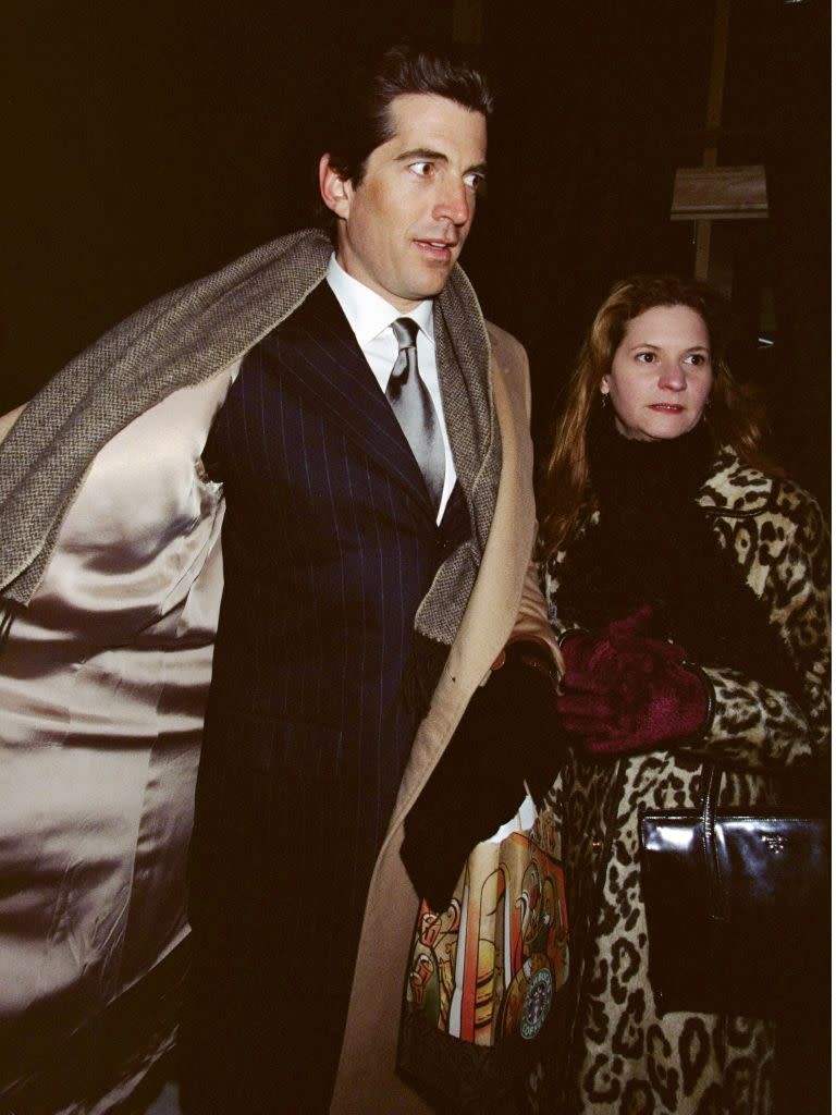 John F. Kennedy Jr. and RoseMarie Terenzio, wearing Carolyn Bessette-Kennedy's leopard coat, in 1998, old money style, quiet luxury, vintage