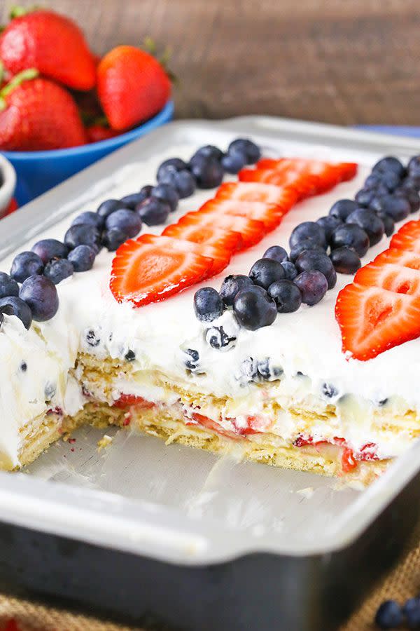 <p>You probably already have the ingredients for this no-bake dessert on hand!</p><p>Get the recipe from <a href="https://www.lifeloveandsugar.com/2014/06/04/strawberry-and-blueberry-cheesecake-icebox-cake/" rel="nofollow noopener" target="_blank" data-ylk="slk:Love Life and Sugar;elm:context_link;itc:0;sec:content-canvas" class="link ">Love Life and Sugar</a>.</p>