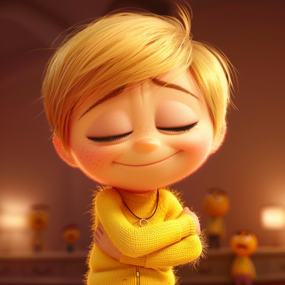 Cartoon character standing confidently with eyes closed and arms crossed, wearing a fuzzy sweater. Multiple smaller versions of the character in the background