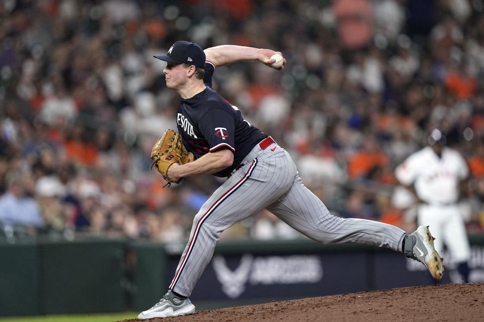 Minnesota Twins starting pitcher Louie Varland throws against the Houston Astros during the fifth inning of a baseball game Wednesday, May 31, 2023, in Houston. (AP Photo/David J. Phillip)