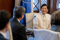 Secretary of State Antony Blinken, at left, meets with Philippine President Ferdinand Marcos Jr. at the Malacanang Palace in Manila, Philippines, Saturday, Aug. 6, 2022. Blinken is on a ten day trip to Cambodia, Philippines, South Africa, Congo, and Rwanda. (AP Photo/Andrew Harnik, Pool)