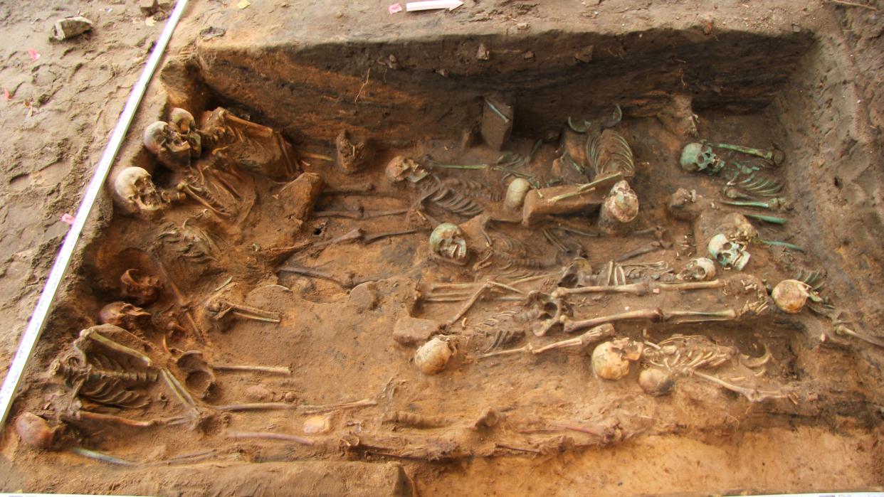  One of the excavated plague pits showing bodies in seated and lying positions. 