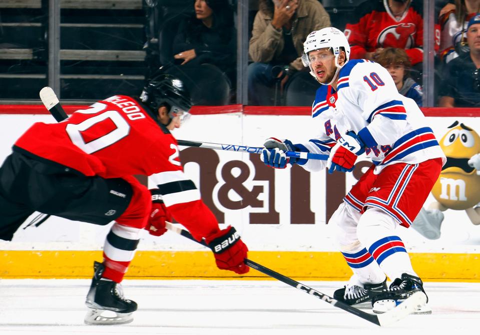 NEWARK, NEW JERSEY - OCTOBER 04: Artemi Panarin #10 of the New York Rangers skates against the New Jersey Devils during the first period at Prudential Center on October 04, 2023 in Newark, New Jersey.
