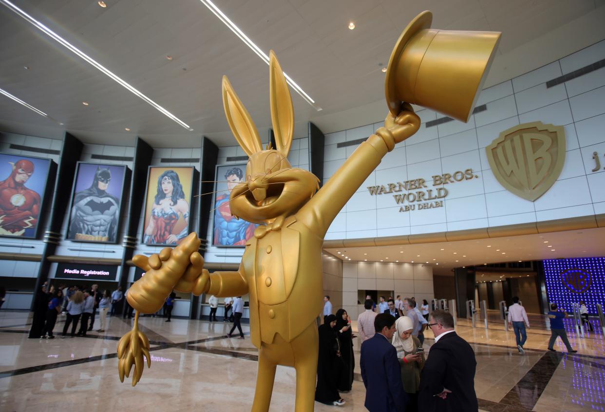 Members of the media gather in the entrance hall of Warner Bros. World Abu Dhabi on April 18, 2018, ahead of the park's official opening.