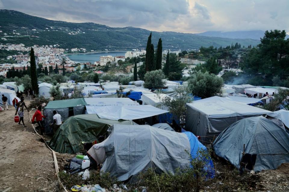 Looking over the 'Mount Syria' refugee camp located on a hillside above Samos Town on Samos, Greece. | Giles Clarke–Getty