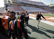 Texas Longhorns football players enter Darrell K Royal-Texas Memorial Stadium before the game with the LSU Tigers, Saturday Sept. 7, 2019 at in Austin, Tx. ( Photo by Edward A. Ornelas )