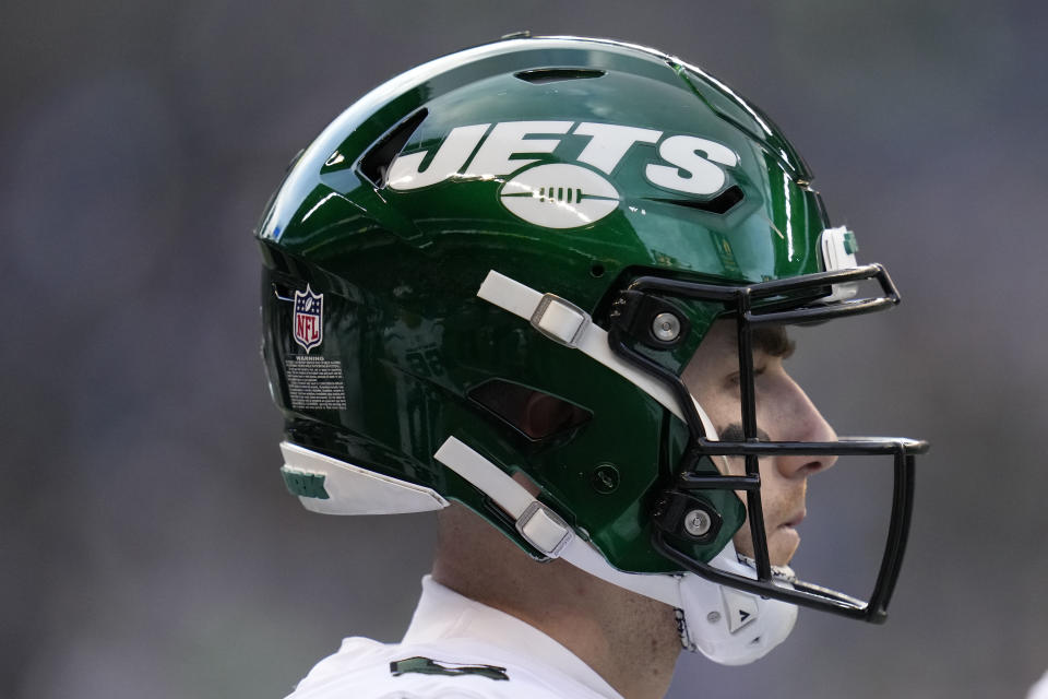 New York Jets quarterback Mike White (5) watches play during the second half of an NFL football game against the Seattle Seahawks, Sunday, Jan. 1, 2023, in Seattle. (AP Photo/Godofredo A. Vásquez)