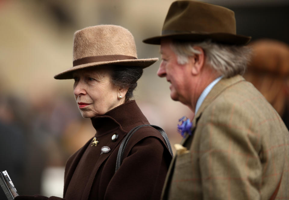 Princess Royal with Andrew Parker Bowles during day two of the Cheltenham Festival at Cheltenham Racecourse.