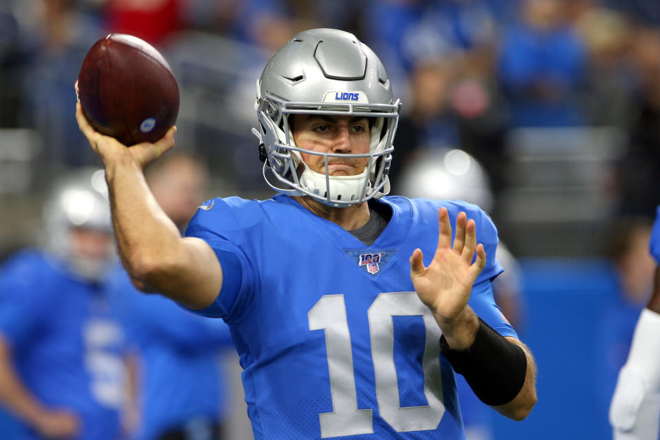 Detroit Lions quarterback David Blough (10) throws the ball during warmups before the first half of an NFL football game against the Kansas City Chiefs in Detroit, Michigan USA, on Sunday, September 29, 2019. (Photo by Amy Lemus/NurPhoto via Getty Images)