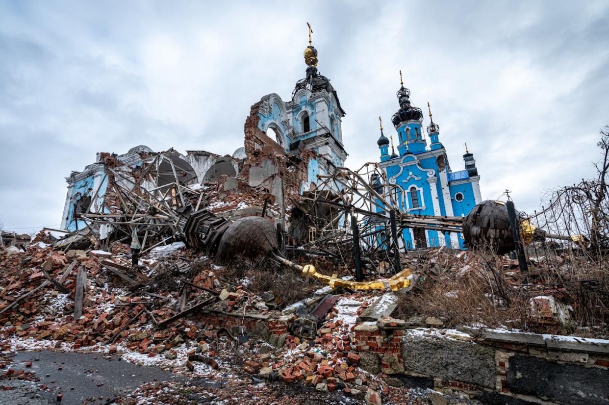 The ruins of a church in Bohorodychne, Donetsk district, Ukraine, on Jan. 27, 2024. <a href="https://www.gettyimages.com/detail/news-photo/view-of-a-church-destroyed-by-the-war-in-bohorodychne-news-photo/1958547329?adppopup=true" rel="nofollow noopener" target="_blank" data-ylk="slk:Ignacio Marin/Anadolu via Getty Images;elm:context_link;itc:0;sec:content-canvas" class="link ">Ignacio Marin/Anadolu via Getty Images</a>
