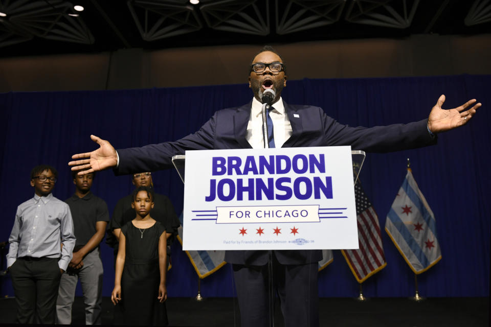 Chicago Mayor-elect Brandon Johnson celebrates with supporters after defeating Paul Vallas after the mayoral runoff election, late Tuesday, April 4, 2023, in Chicago. (AP Photo/Paul Beaty)