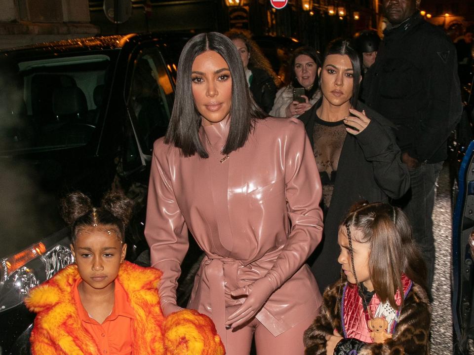 Kim Kardashian, North West, Penelope Disick, and Kourtney Kardashian on March 1, 2020 in Paris, France.