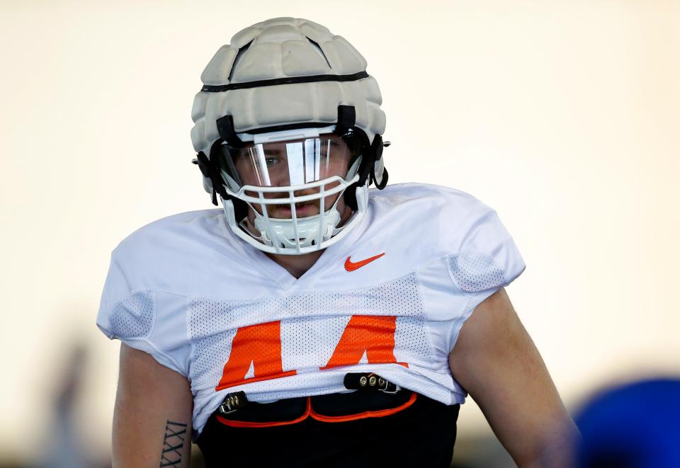 Oklahoma States's Justin Wright practices during an Oklahoma State Cowboys Spring football practice at the at the Sherman Smith Training Center in Stillwater, Okla., Monday, March, 27, 2023.