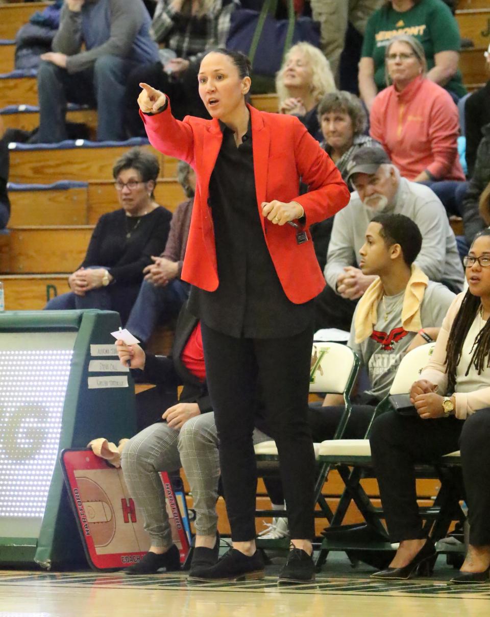 Former Rice star Morgan Valley coaches her team from the sidelines during the Hartford Hawks 62-51 road loss to UVM at Patrick Gym.