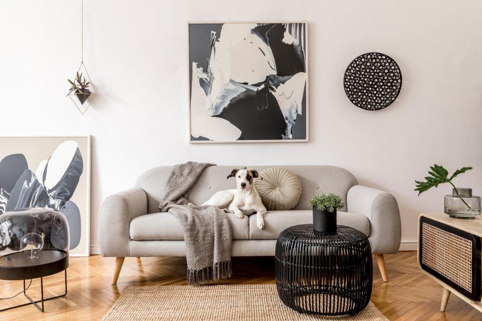 Stylish and scandinavian living room interior of modern apartment with gray sofa, design wooden table, black table, lamp, abstrac paintings on the wall.