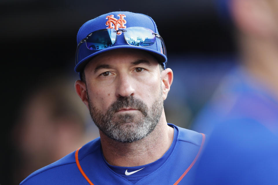 New York Mets manager Mickey Callaway looks out from the dugout during a baseball game against the Atlanta Braves, Sunday, Sept. 29, 2019, in New York. (AP Photo/Kathy Willens)