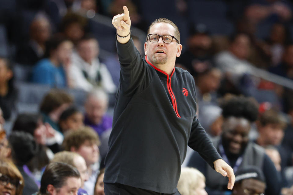 FILE - Toronto Raptors head coach Nick Nurse directs his team during the first half of an NBA basketball game against the Charlotte Hornets in Charlotte, N.C., Sunday, April 2, 2023. The Philadelphia 76ers hired Nurse on Monday, May 29, 2023, following his exit from the Toronto Raptors, a person with direct knowledge of the decision told The Associated Press. (AP Photo/Nell Redmond, File)