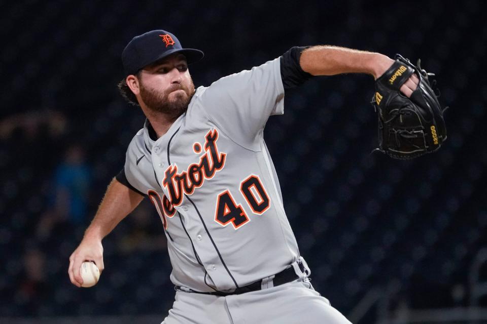 Detroit Tigers relief pitcher Drew Hutchison throws to a Pittsburgh Pirates batter during the fifth inning of a baseball game Wednesday, Sept. 8, 2021, in Pittsburgh.