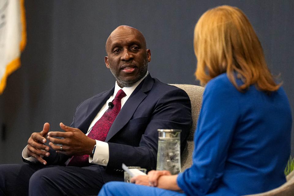 Austin City Manager T.C. Broadnax Jr., then a candidate for the role, speaks at an open town hall at the Permitting and Development Center in Austin on March 25.