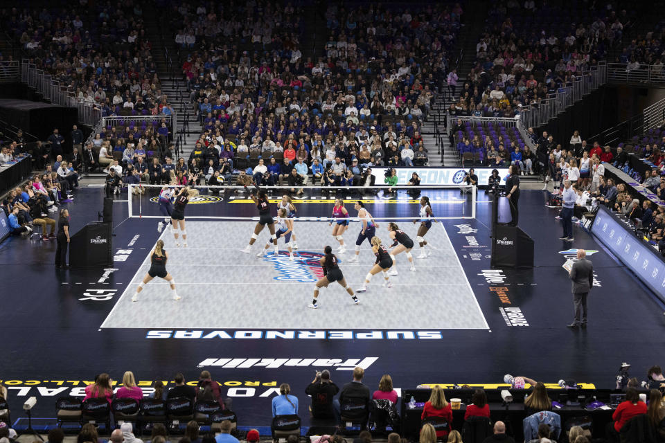 Atlanta Vibe, front, plays against Omaha Supernovas during a Pro Volleyball Federation game Wednesday, Jan. 24, 2024, in Omaha, Neb. (AP Photo/Rebecca S. Gratz)