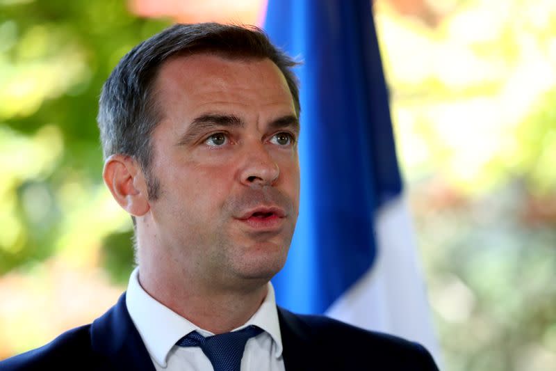 France's Minister for Solidarity and Health Olivier Veran, speaks during a news conference in Geneva