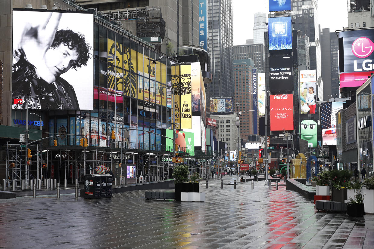 NEW YORK, NEW YORK - MAY 08:  Times Square is seen nearly empty as daily life continues amid the coronavirus outbreak on May 08 2020 in New York City. COVID-19 has spread to most countries around the world, claiming over 275,000 lives and infecting over 4 million people. (Photo by John Lamparski/Getty Images)