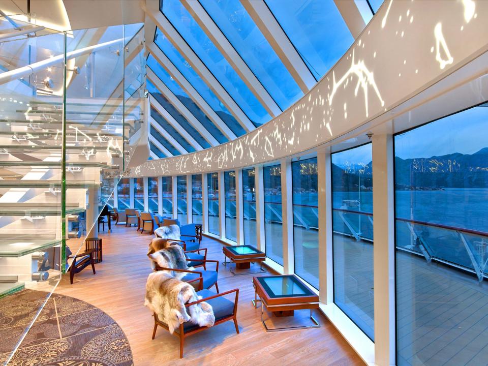 A Viking Ocean ship's explorers lounge. The cruise line's ocean cruise ships are all identical.