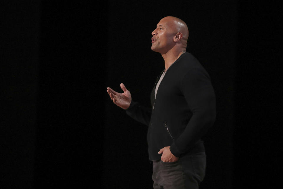 Dwayne Johnson appears during a rehearsal for the 89th Academy Awards on Saturday, Feb. 25, 2017. The Academy Awards will be held at the Dolby Theatre on Sunday. (Photo by Matt Sayles/Invision/AP)