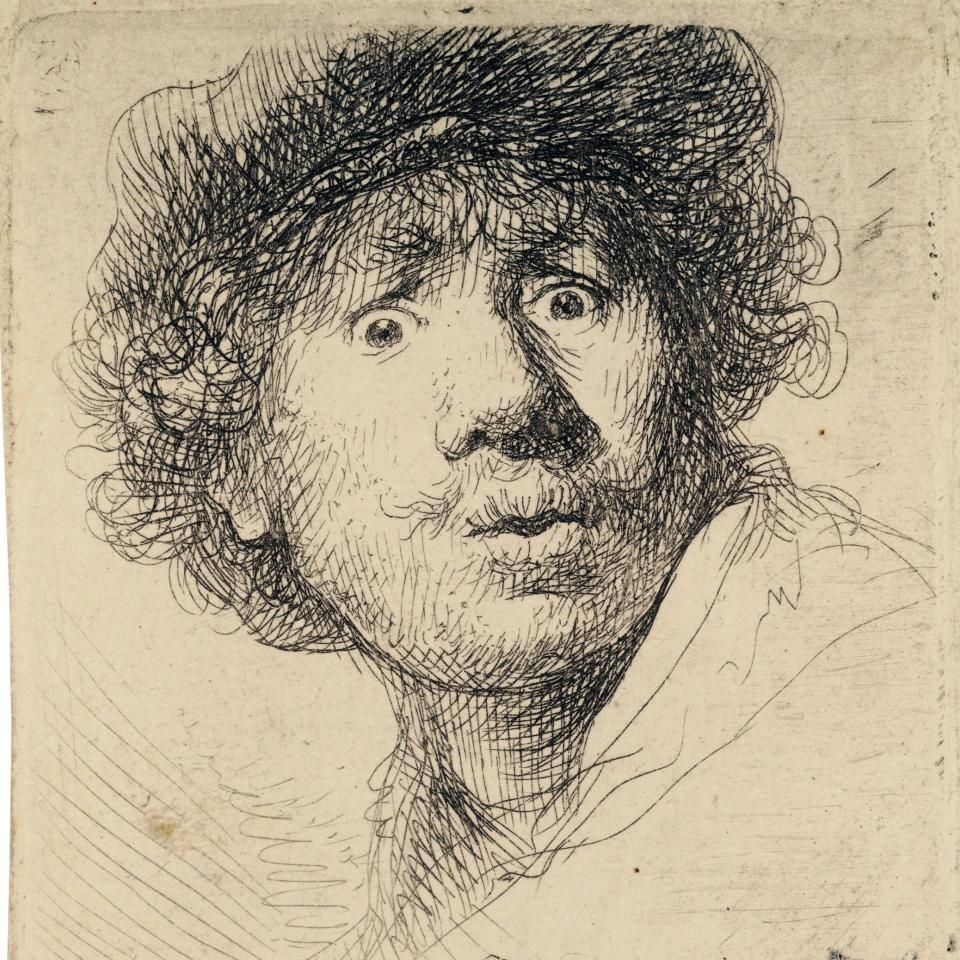 Rembrandt's self-portrait with cap, big eyes and open mouth (1630)